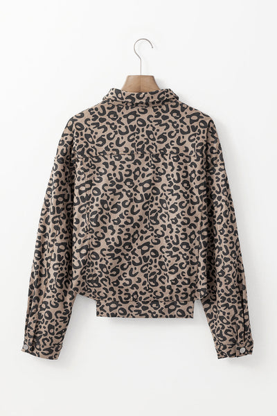 Trendy Women's Dark Khaki Leopard Print Corduroy Jacket with Irregular Hem and Chic Button Details for Effortless Style