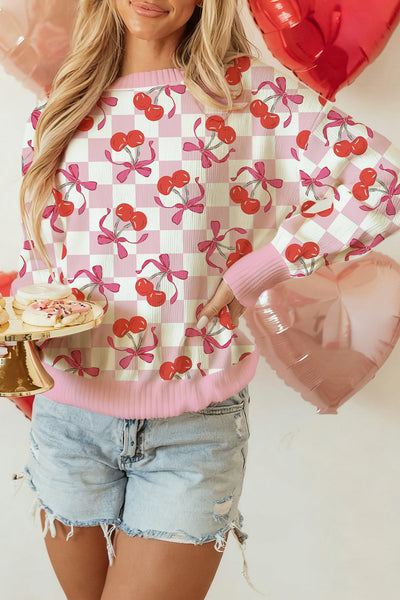 Cozy Women's Pink Checkered Sweater with Cherry Bow Print, Ribbed Trim & Drop Shoulder Design for Effortless Style