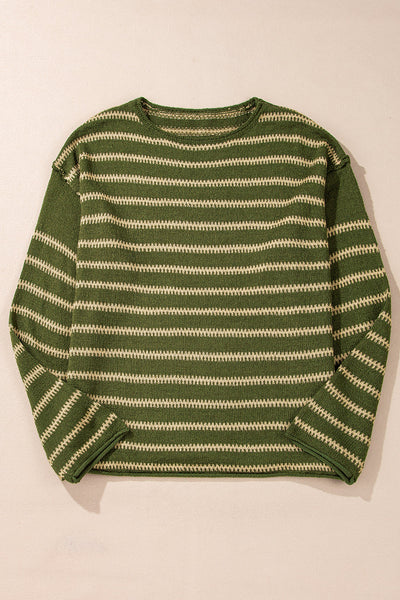 Cozy Women's Green Stripe Drop Shoulder Sweater - Effortless Casual Style for Everyday Comfort and Versatile Wear