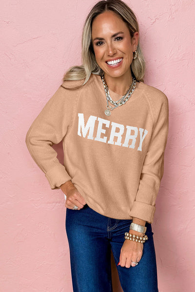 Cozy Women's Light Beige MERRY Christmas Raglan Sweater - Stylish Knitwear for Effortless Holiday Comfort
