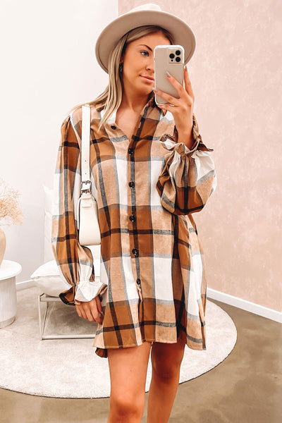 Women's Khaki Plaid Flounce Sleeve Shirt Dress in Cotton Blend