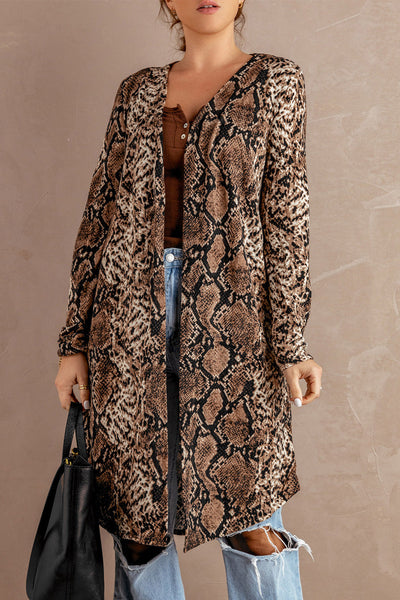 Women's Brown Snake Print Longline Slim Blazer with Lapel