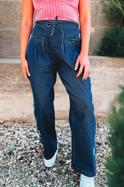 Women's Sail Blue Checkered Side Panel Denim Pants