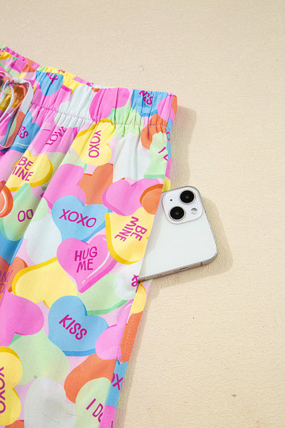 Women's Cozy Pink Valentine's Day Candy Heart V-Neck Tunic & Shorts Pajama Set for Relaxing Nights at Home