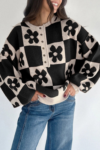 Women's Floral Checkerboard Henley Sweater in Soft Viscose Blend