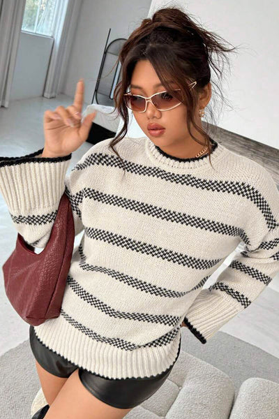 Cozy Plus Size Apricot Stripe Sweater for Women Stylish Crew Neck with Wide Sleeves & Drop Shoulders