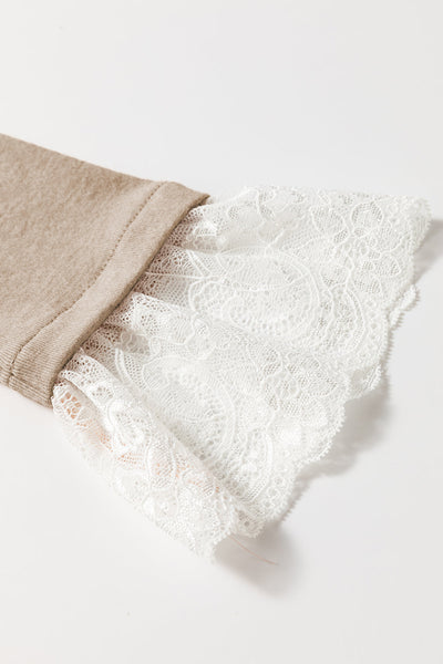 Women's Parchment Lace Contrast Cuffs Raglan Sleeve Top with Seam Detail - Stylish & Comfortable Fashion Essential