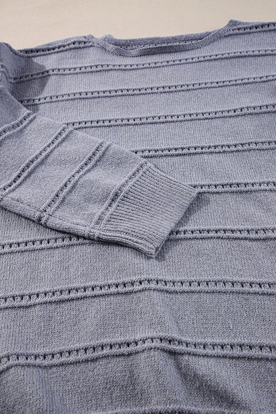 Light Grey Pointelle Knit Sweater for Women - Cozy Boat Neck, Drop Shoulder Design for Effortless Everyday Style
