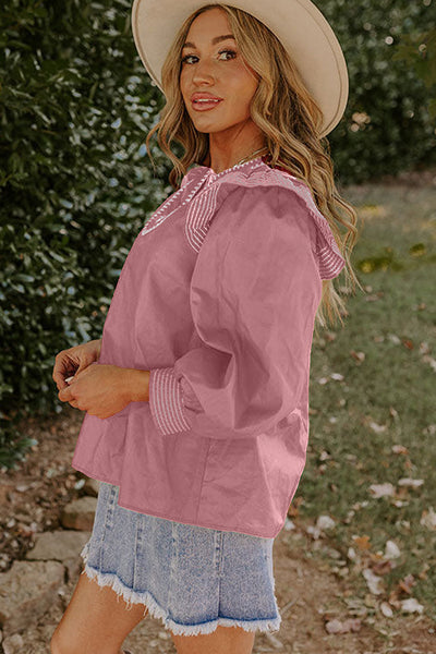 Women's Pink V-Neck Ruffle Blouse with Contrast Stitching and Long Sleeves - Stylish and Feminine Top for Any Occasion