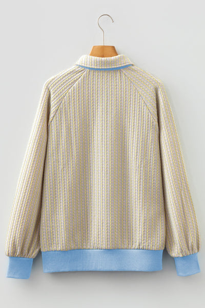 Women's Beau Blue Jacquard Henley Sweatshirt with Button Placket