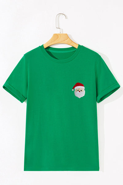 Women's Embroidered Santa Christmas Graphic Tee in Festive Green