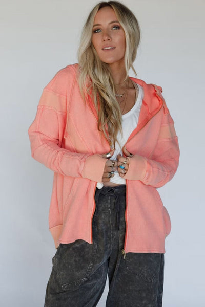 Women's Gossamer Pink Ribbed Zip-Up Hoodie with Thumbhole Sleeves and Waffle Texture for a Stylish Layered Look