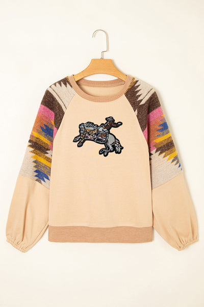 Women's Light Beige Sequin Rodeo Graphic Sweatshirt with Aztec Sleeves made for easy styling and wardrobe coordination, with premium-like structure