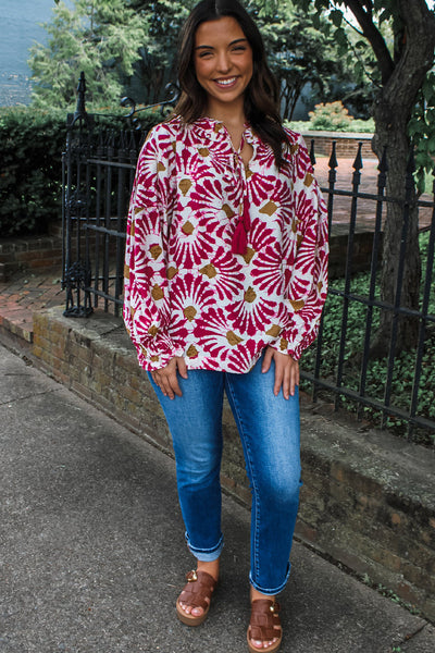Chic Women's Red Floral Blouse with Tassel Tie Neck - Long Sleeve Top for Trendy Spring Fashion