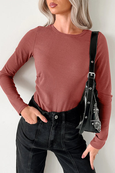 Chic Mineral Red Ribbed Long Sleeve Bodysuit for Women - Fitted Crew Neck Top for Effortless Style & Versatile Looks