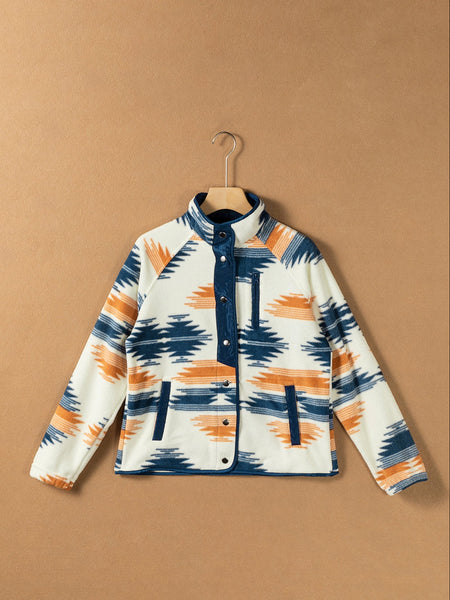 Aztec Patterned Snap Button Fleece Jacket