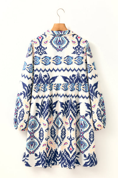 Women's Flowing Blue Ethnic Print Mini Dress with Split Neck and Long Sleeves for Effortless Boho Chic Style