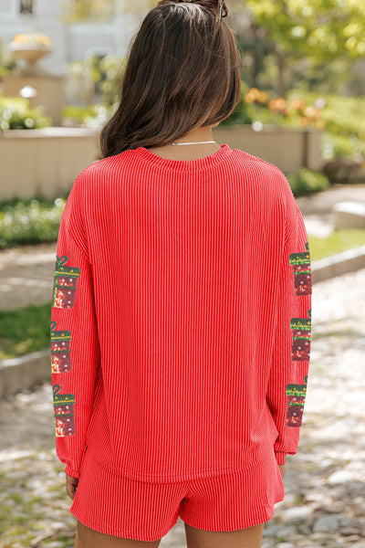 Women's Red Ribbed Holiday Sequin Gift Set with Dropped Shoulders