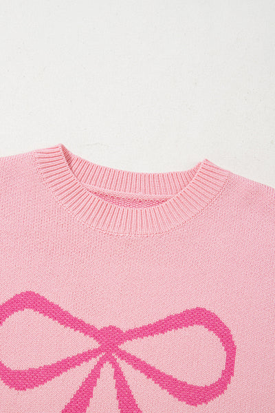 Cozy Women's Pink Bow Graphic Drop Shoulder Sweater - Casual Chic Round Neck Top for Effortless Style