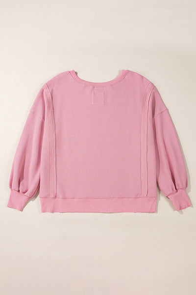 Chic Women's Pink Oversized Waffle Knit Top with Bishop Sleeves & Side Split for Effortless Casual Style