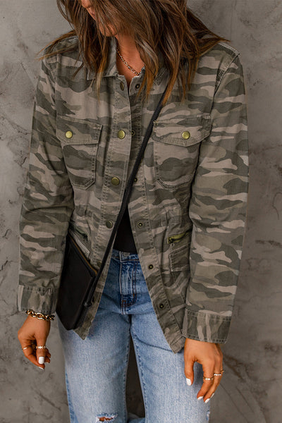 Women's Green Camouflage Print Utility Jacket with Button Closure and Multiple Pockets