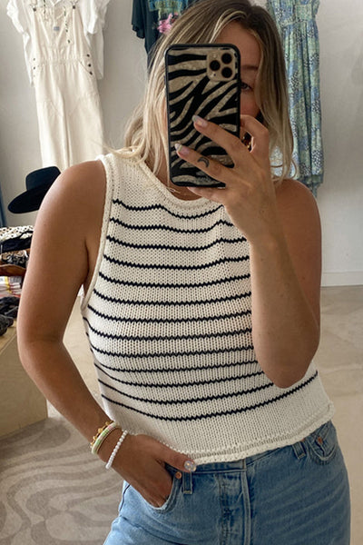 Striped Black Knit Sleeveless Crew Neck Vest