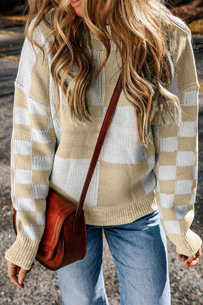 Cozy Women's Flaxen Checkered Drop Shoulder Knit Sweater - Stylish, Soft Fit for Casual Chic Looks