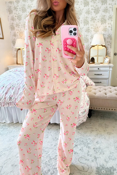 Cozy Women's Pink Floral Long Sleeve Pajama Set - Stylish Sleepwear for Ultimate Comfort and Relaxation