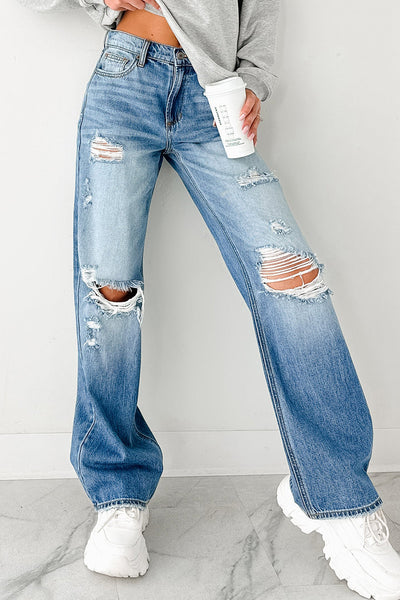 Chic Women's Classic Blue Mid Rise Distressed Straight Leg Jeans for Everyday Comfort and Style