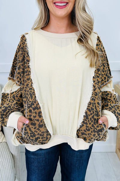 Trendy Women's Beige Leopard Patchwork Long Sleeve Top - Stylish Baggy Fit with Raw Seam Color Block Detail