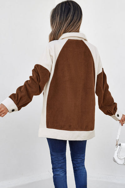 Women's Brown Color Block Fleece Shacket and Button-Down Shirt with practical styling and dependable silhouette control.