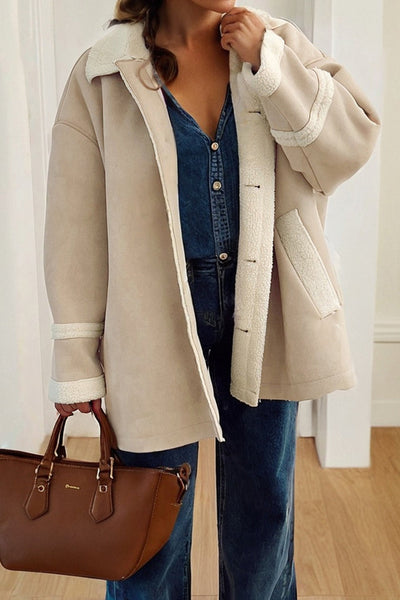 Cozy Women's Parchment Suede Sherpa-Lined Western Jacket - Relaxed Fit for Effortless Style and Warmth