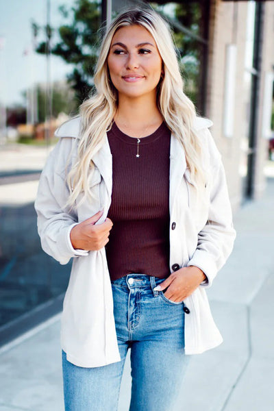 Women's White Fleece Shacket with Exposed Seams & Patchwork Design - Stylish Button-Down Layer for Cozy Chic Looks