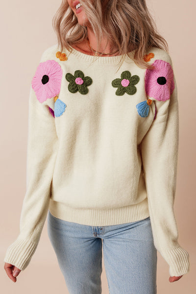 Cozy Women's Beige Knitted Floral Sweater with Ribbed Edges for Chic Autumn Style and Comfortable Fit