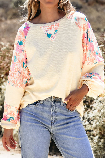 Trendy Women's Apricot Floral Patchwork Blouse with Textured Fabric and Balloon Sleeves for Effortless Style