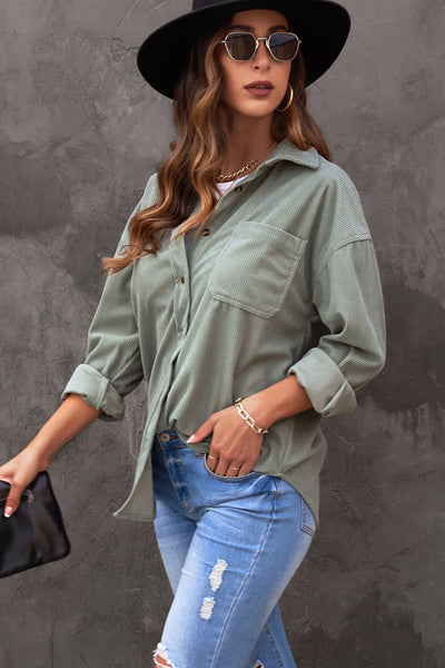 Women's Casual Gray Corduroy Button-Up Shirt with Pockets - Chic Everyday Fit for Comfort and Style