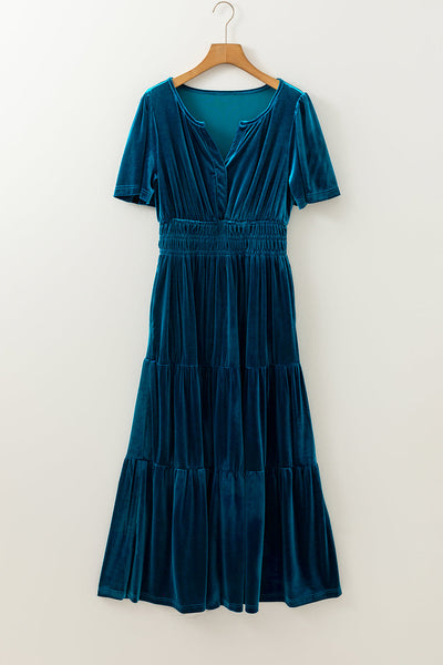 Elegant Deep Blue Velvet T-Shirt Dress for Women, Casual Short Sleeve Fit for Effortless Everyday Style