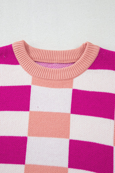 Cozy Pink Checkered Ribbed Sweater for Women - Effortless Casual Knit with Drop Shoulders for Ultimate Comfort