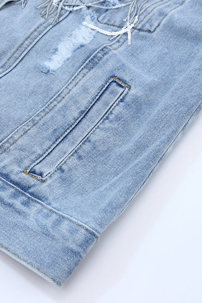 Women's Sky Blue Sequin Fringe Distressed Denim Jacket