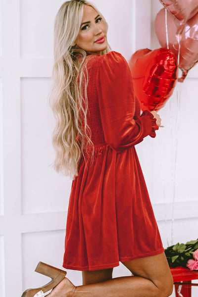 Chic Women‚Äôs Red Clay Velvet Dress with Frilled Neck and Smocked Bodice Ideal for Weddings and Special Events