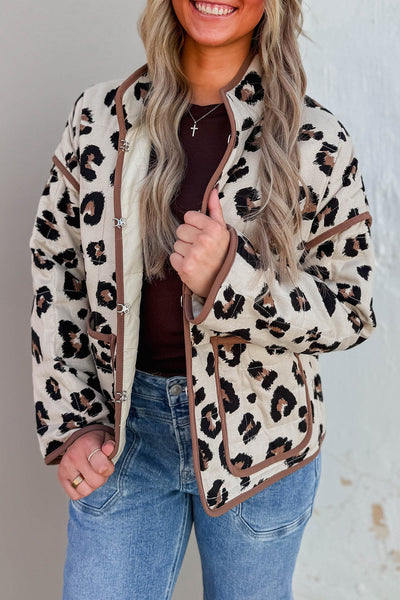 Khaki Leopard Print Quilted Jacket with Contrast Trim with practical styling and dependable silhouette control.