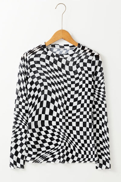 Trendy Women's Black Checkered Mesh Mock Neck Long Sleeve Top - Chic Style for Casual Outings and Everyday Wear