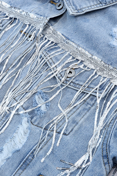 Women's Sky Blue Sequin Fringe Distressed Denim Jacket