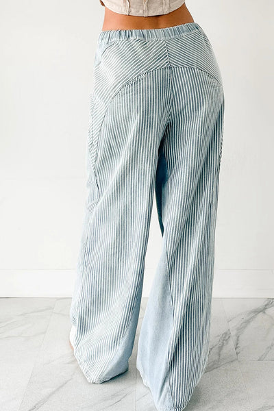 Stylish Women's Sky Blue Wide Leg Patchwork Jeans with Contrast Stripes and Adjustable Drawstring for a Perfect Fit