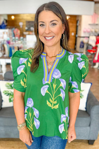 Chic Women's Green Floral Blouse with Short Puff Sleeves & Striped Contrast - Versatile V-Neck Top for Every Occasion