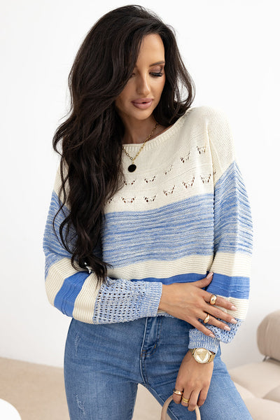 Light Blue Puff Sleeve Sweater for Women - Chic Open Stitch Knit Top for Casual Style and Everyday Comfort