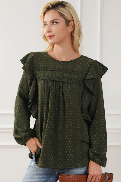 Elegant Women's Blackish Green Lace Blouse with Ruffle Sleeves - Chic Long Sleeve Top for Stylish Casual Outfits