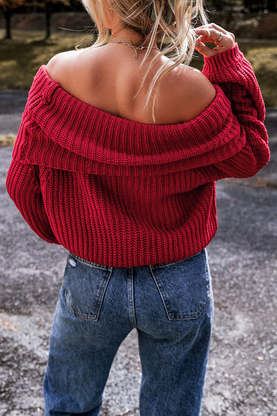 Cozy Women's Off-the-Shoulder Knit Sweater in Racing Red - Stylish Fall Fashion for Casual Outings and Everyday Wear