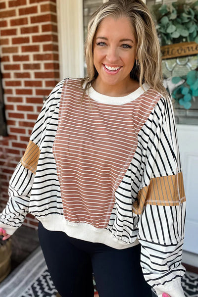 Trendy Women's Oversized Pink Striped Color Block Long Sleeve Top with Exposed Seams for Casual Chic Looks