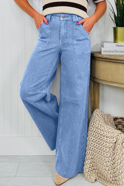 Women's Dusk Blue High-Waisted Wide Leg Jeans with Patch Pockets